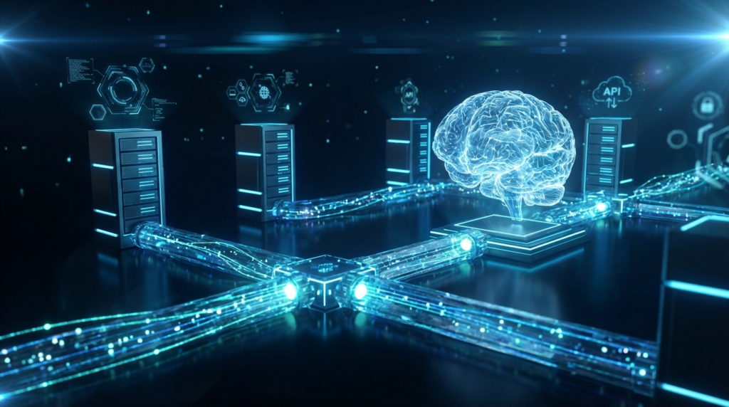 Futuristische 3D-Visualisierung von LLM APIs mit blauen Datenpipelines, Serverstrukturen und holografischem AI-Kern