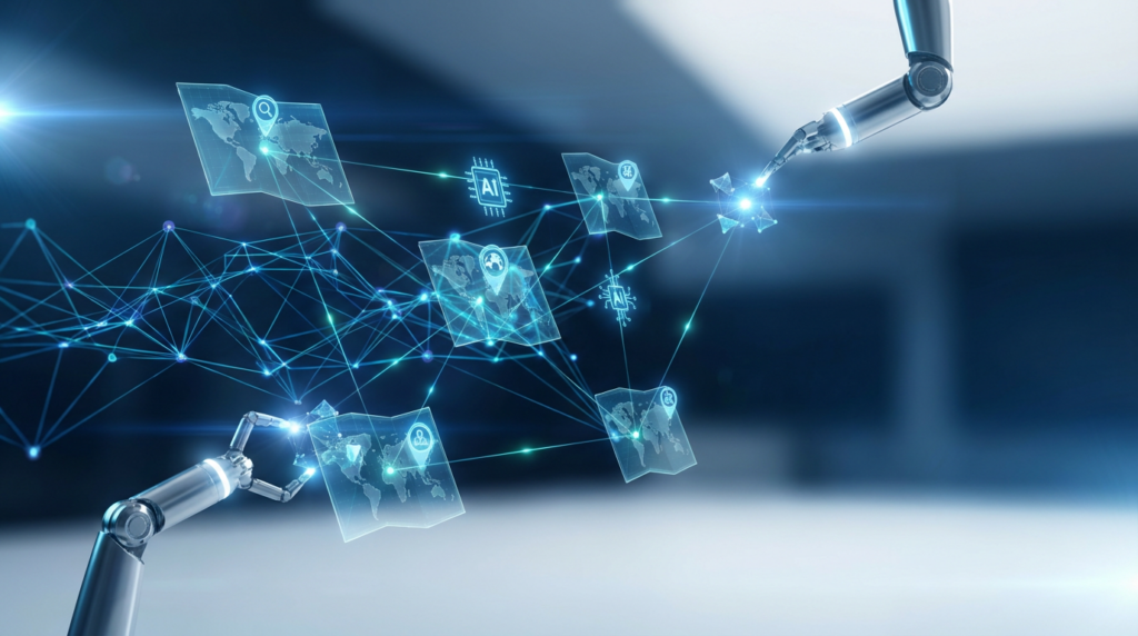 Futuristische Visualisierung mit LLM Standort Optimierung: holografische Standortmarker und neuronale Pfade