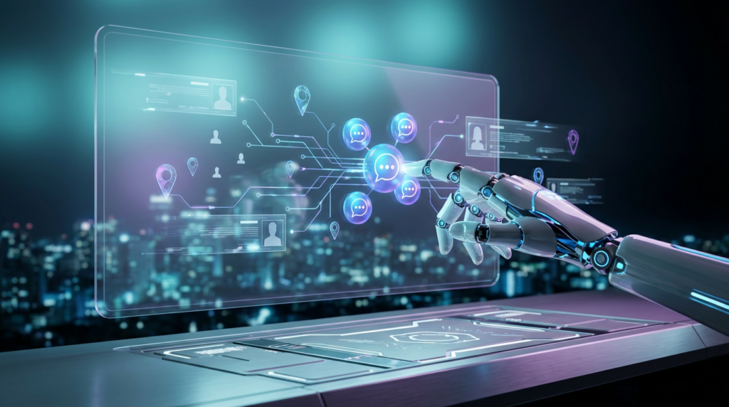 Futuristisches holografisches Interface mit Roboterhand, leuchtenden Chatbläschen und Local SEO ChatGPT Standortpins