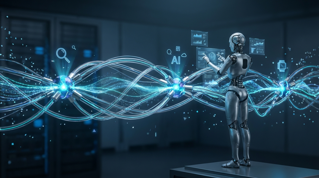 Futuristische 3D-Visualisierung für Perplexity SEO mit holographischen Datenströmen und leuchtenden Knoten