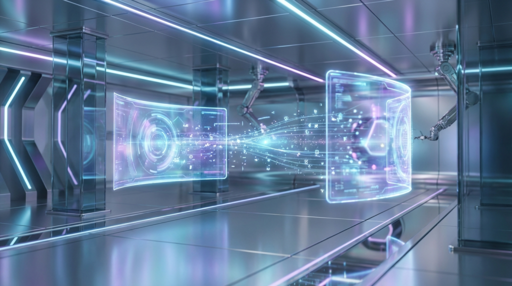 Futuristische Darstellung: Perplexity vs Google als leuchtende AI-Suchoberflächen mit holographischen Datenströmen.