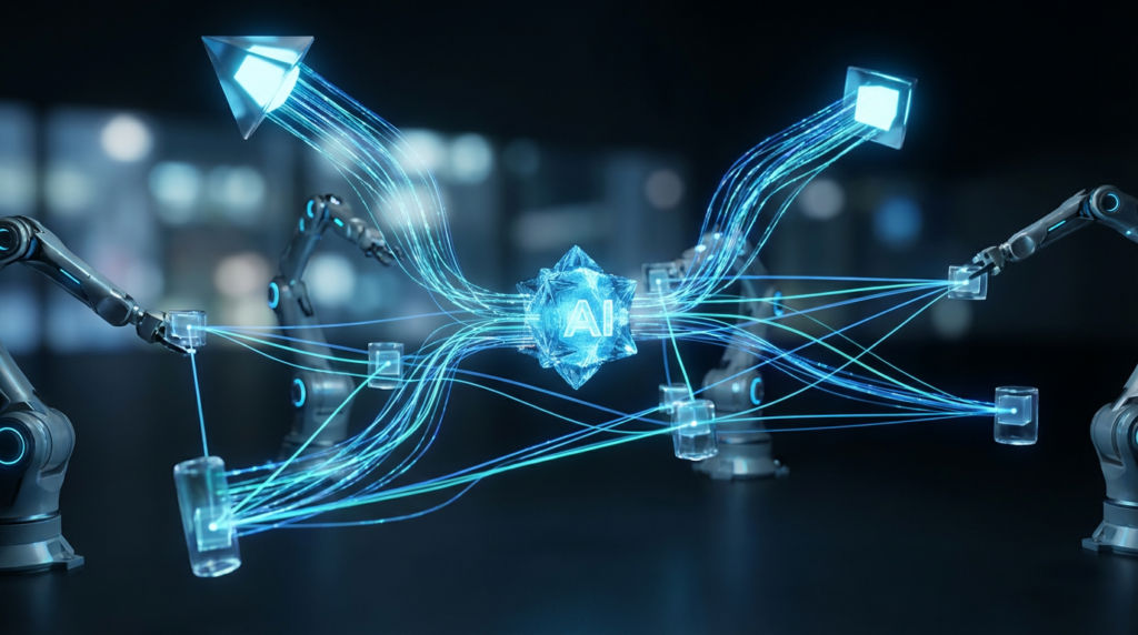 Hightech-Visualisierung von Quellenangaben in KI Antworten: holografische Datenströme verbinden Quellen mit zentraler KI.