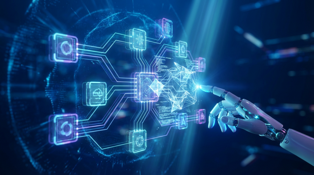Futuristisches holographisches Diagramm im Cyberspace zeigt Schema Markup Guide, Robothand interagiert mit leuchtenden Knoten