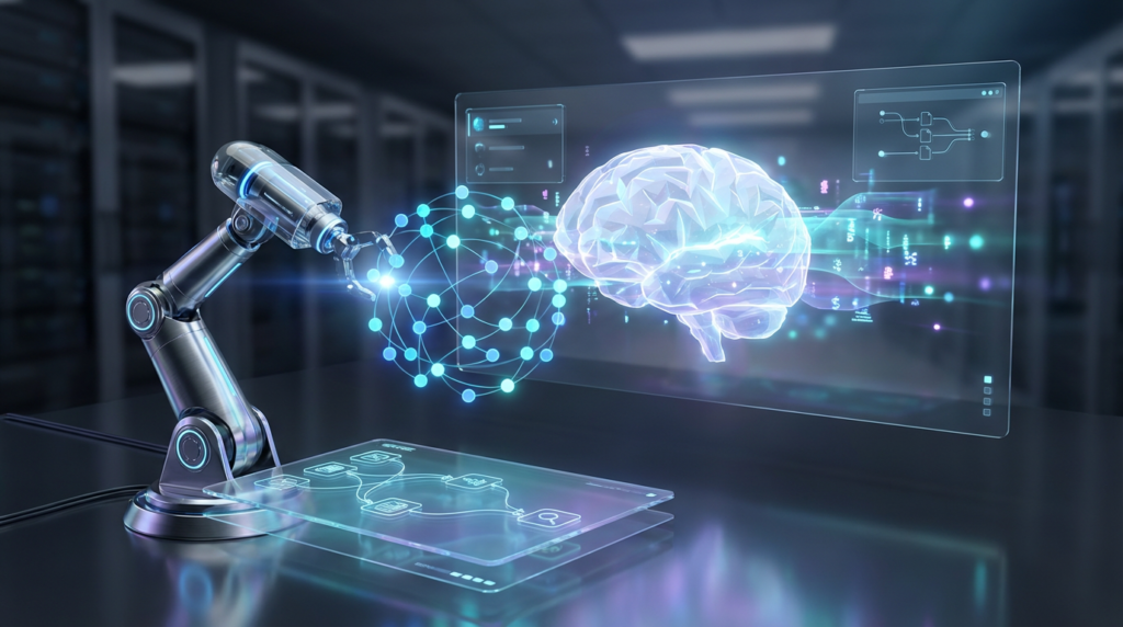 Futuristische 3D-Szene: semantische SEO Visualisierung mit leuchtenden neuronalen Verbindungen