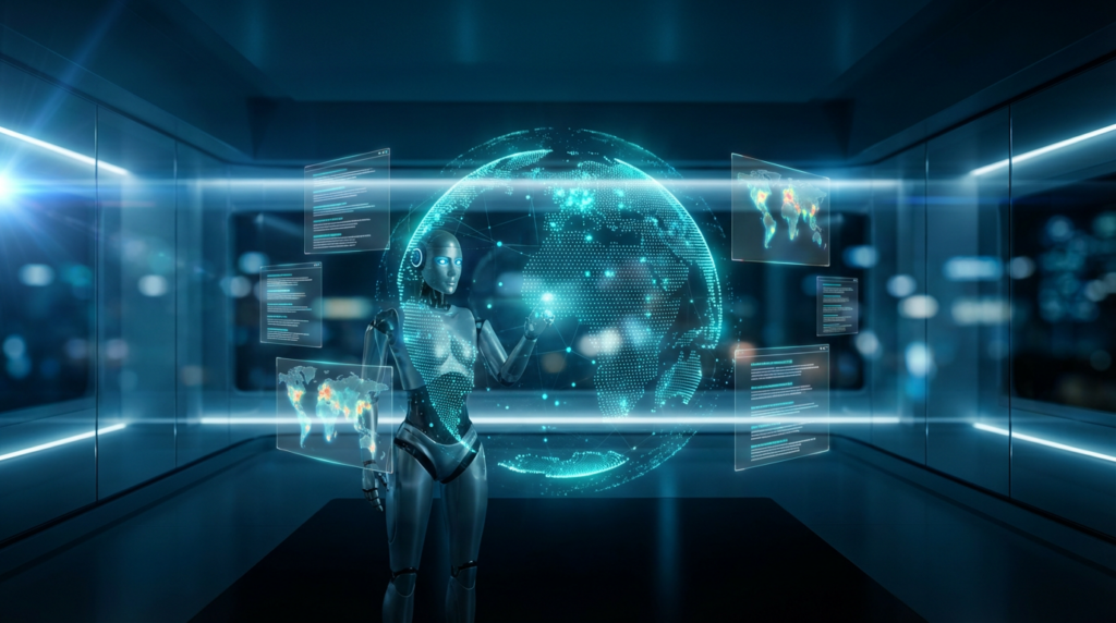Futuristische Kommandozentrale mit holografischem Globus und AI-Roboter, der 3D-Heatmaps und SERP Analyse untersucht