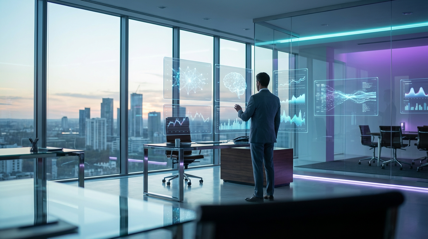 Trainingsdaten: LLM Monitoring Dashboards Modernes Business-Analytics-Setup mit mehreren Bildschirmen, LLM-Monitoring und Trainingsdaten-Visualisierung, fotografiert.