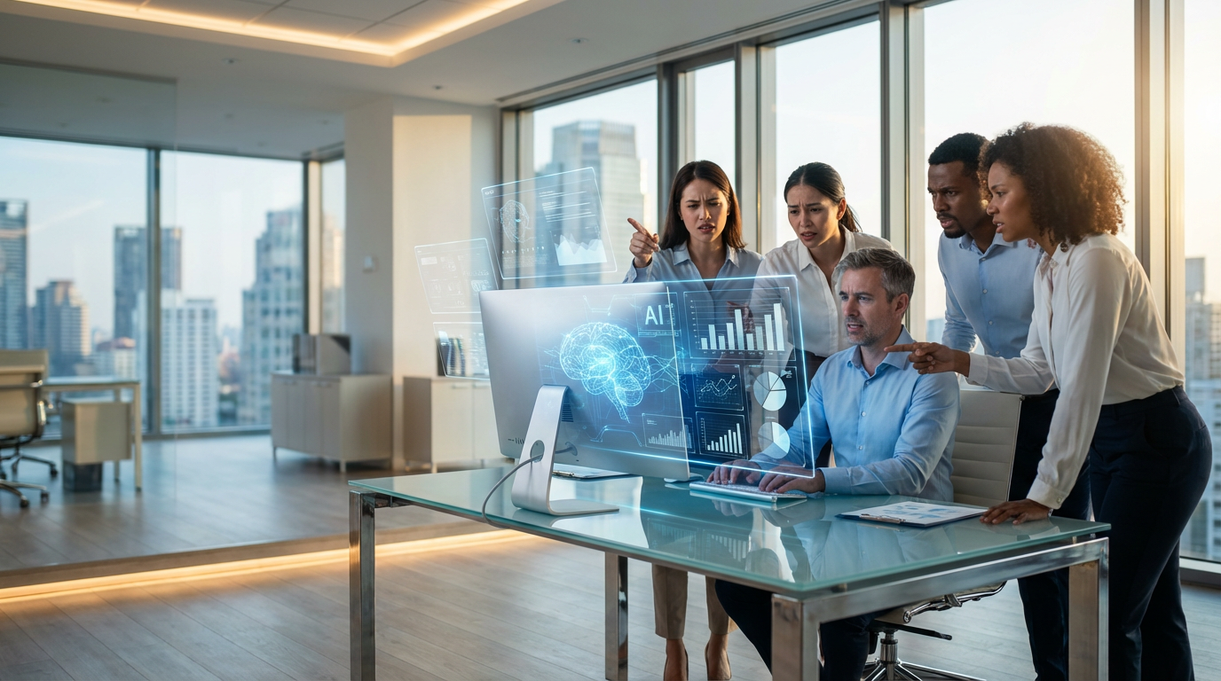 Veraltete Trainingsdaten im Büro: Frust im Team Frustriertes Business-Team im modernen Büro schaut auf Bildschirm mit veralteten Trainingsdaten im KI-Interface.