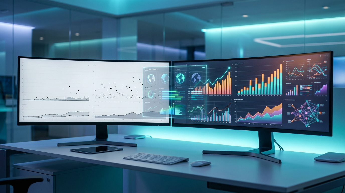 Split-Screen: AI Search Engines Vergleich zeigt GEO-Optimierung und Dashboard mit Sichtbarkeitsmetriken auf Monitoren