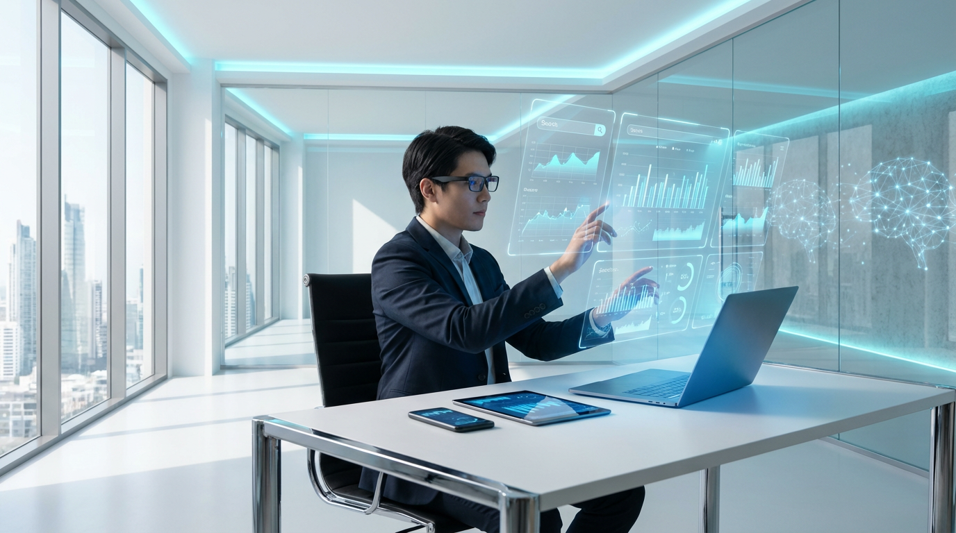 Moderne Fachkraft nutzt Laptop, Tablet und Smartphone für AI Search Engines Vergleich nebeneinander im hellen Büro