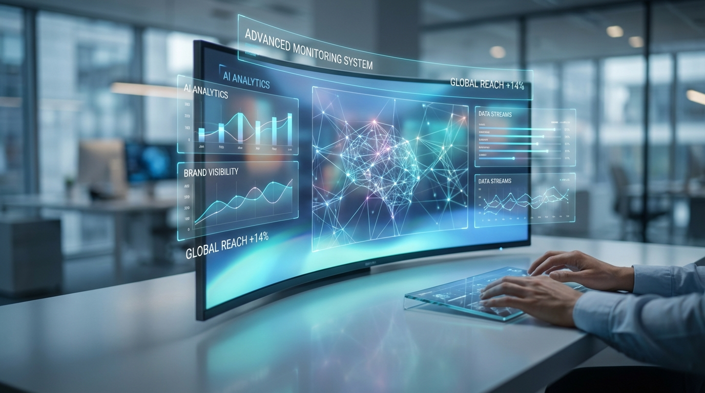 Modernes Dashboard mit AI-Analytics, Diagrammen und KPIs zur Answer Engine Optimization und Markensichtbarkeit im Büro.