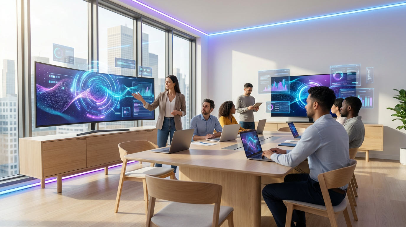 Professionelles Marketingteam analysiert Daten an mehreren Bildschirmen mit Answer Engine Optimization und KI-Visuals.