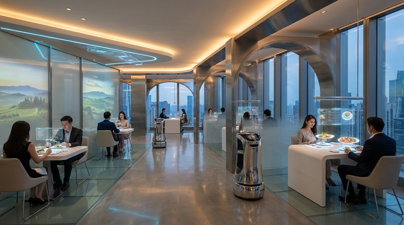 Authentisches italienisches Restaurant mit warmer Beleuchtung, rustikaler Deko, Holztischen und Gästen, hochauflösendes Foto.