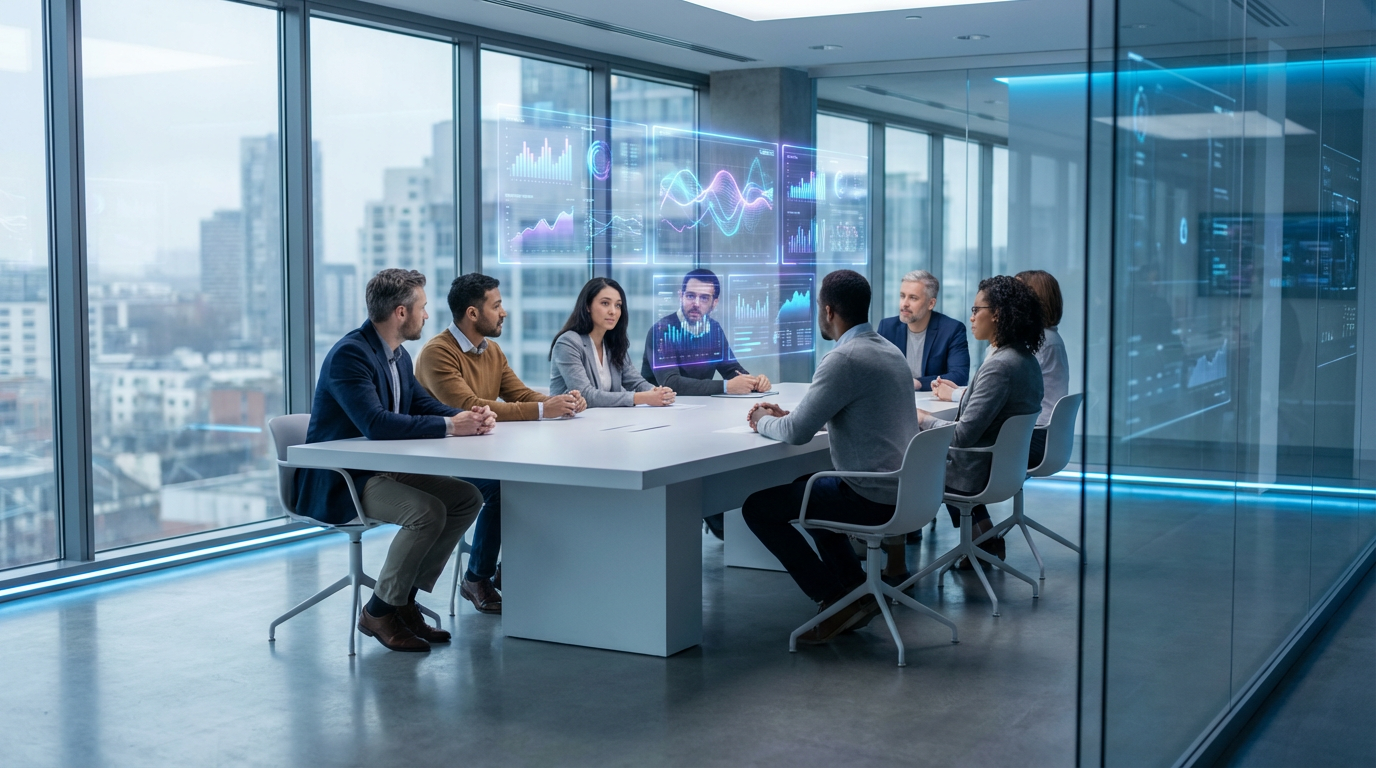 Modernes Konferenzzimmer zeigt AI-gestützte Dashboards zur B2B Sichtbarkeit steigern und Wettbewerbsanalyse, Team im Gespräch