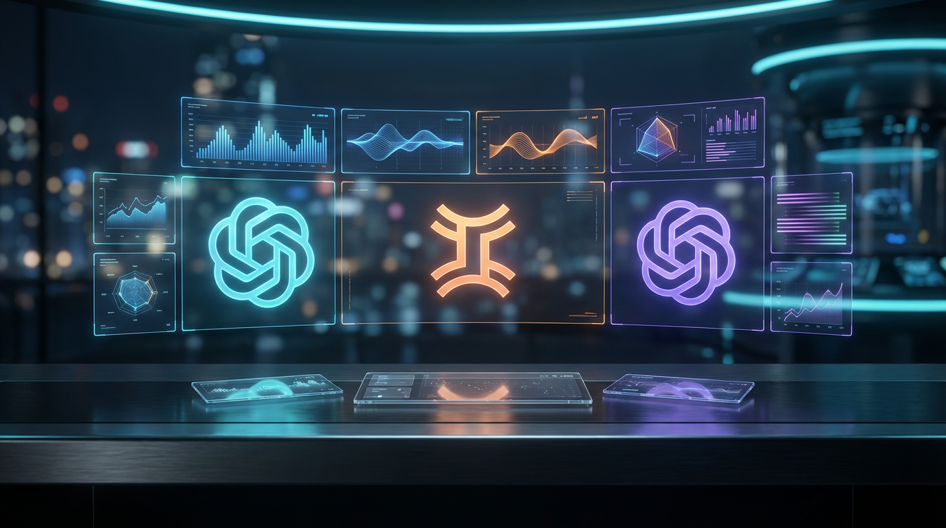 Modernes Dashboard zeigt ChatGPT Atlas neben Google- und Perplexity-Interfaces in hellem, professionellem Büro.