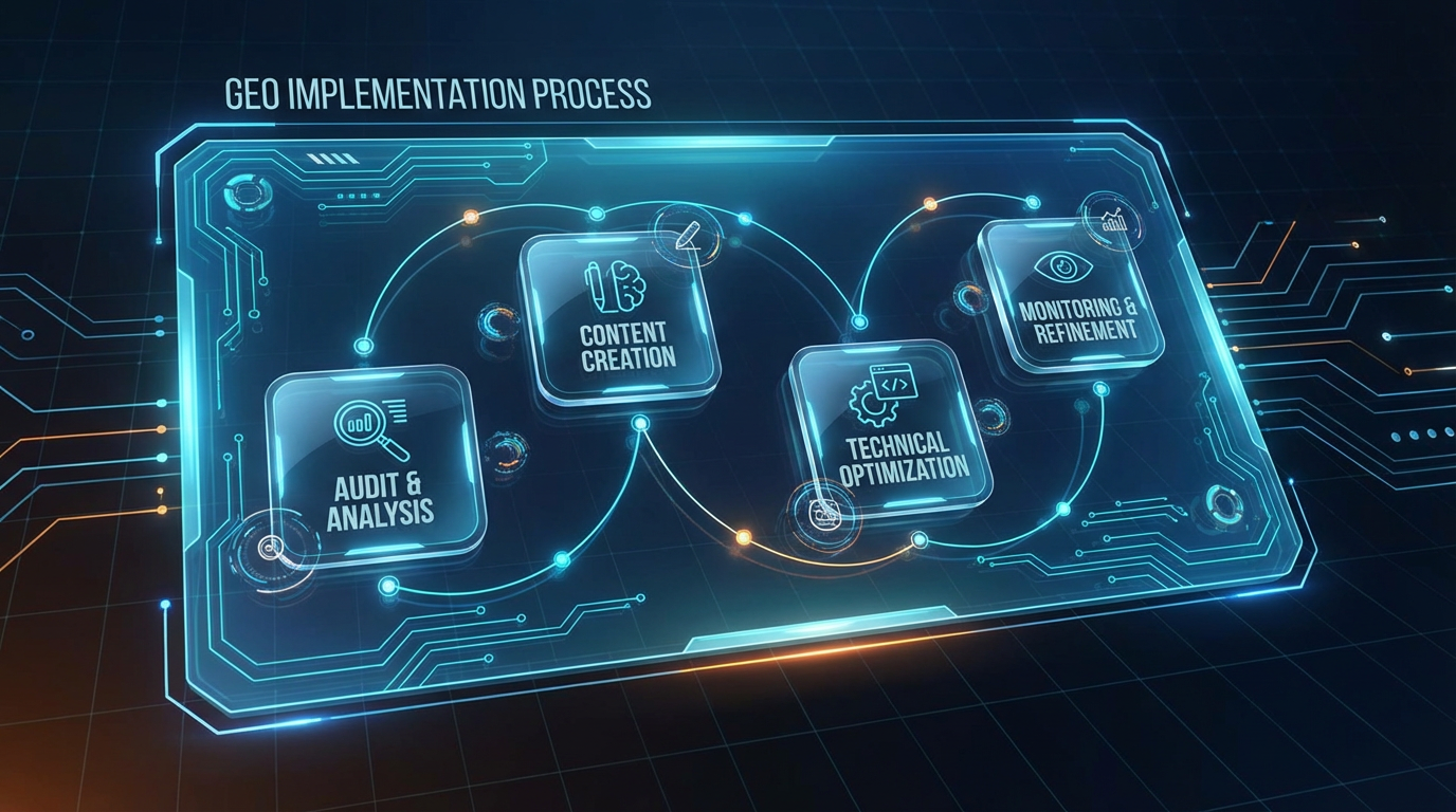 Detaillierte Infografik ChatGPT Atlas zeigt GEO-Implementierungsprozess mit Icons und Flussdiagramm