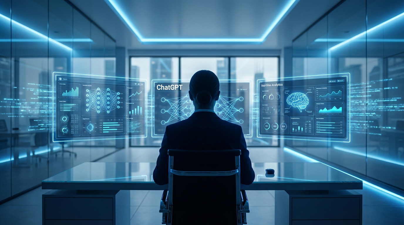 Person betrachtet futuristische Bürobildschirme mit ChatGPT SEO-Oberflächen, Analysen und Datenvisualisierungen