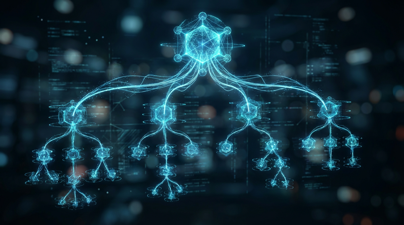 Content-Struktur für LLMs – Inhalts-Hierarchie Infografik zeigt Content-Struktur für LLMs als klare Hierarchie von Thema bis Unterthemen, vernetzte Ebenen, modernes Design