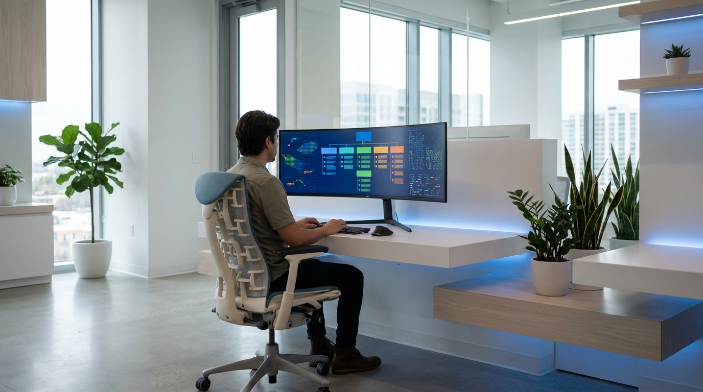 Content-Struktur fuer LLMs im Office Hub Content-Struktur für LLMs: Strategin am Monitor mit strukturiertem Content, Headings, Bulletpoints und Schema-Markup im Büro