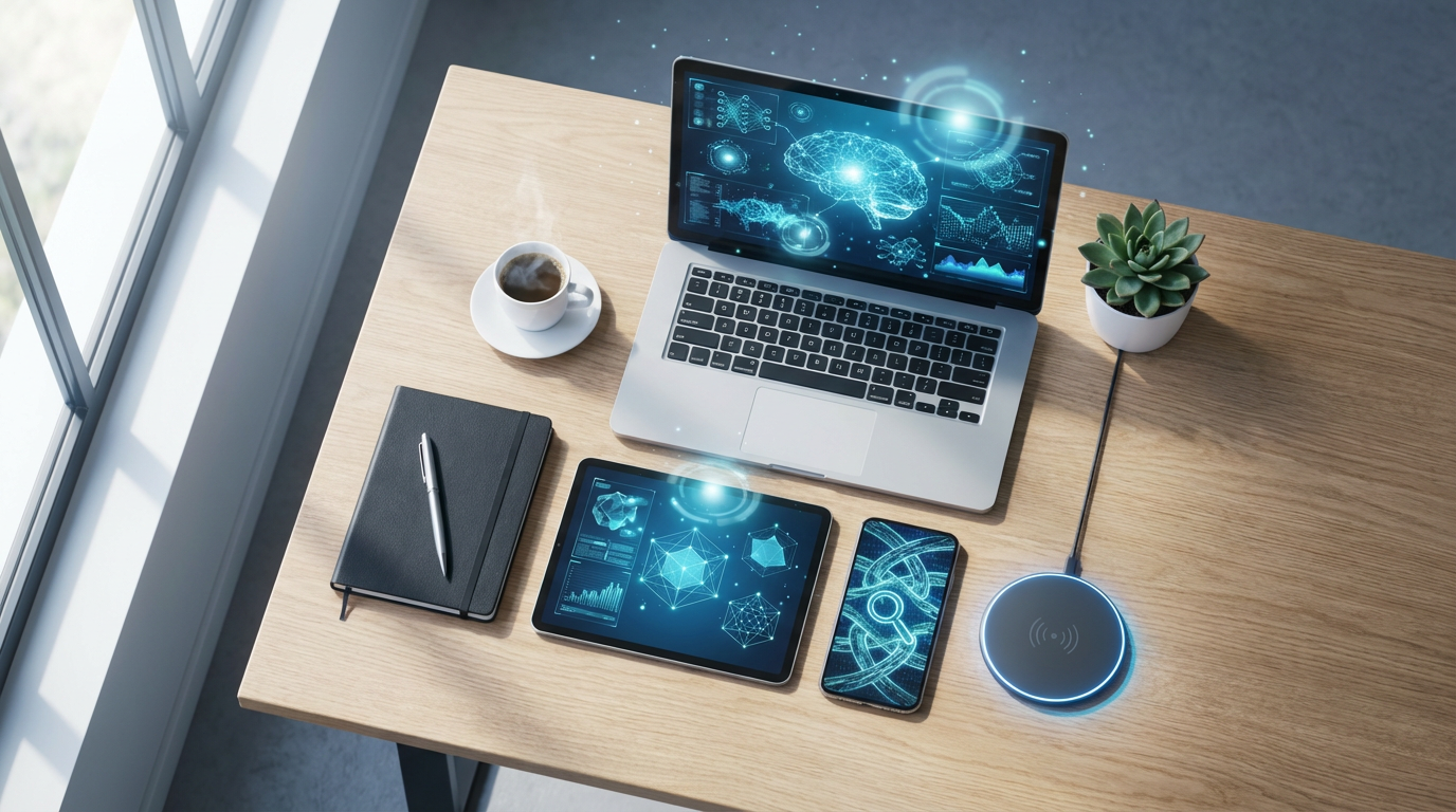 Draufsicht auf modernen Schreibtisch mit Laptop, Tablet und Smartphone, die Conversational Interfaces wie ChatGPT zeigen.