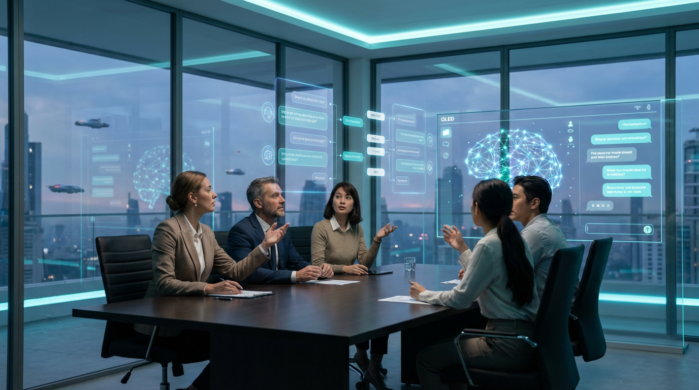 Diverse Business-Team analysiert Conversational Interfaces auf großen Bildschirmen in modernem Büro bei natürlichem Tageslicht.