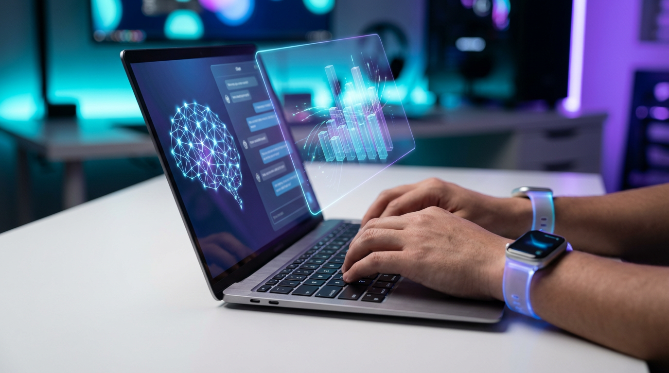 Nahaufnahme von Händen, die auf Laptop tippen, mit Conversational Interfaces-Chat links und Analyse-Dashboard rechts.