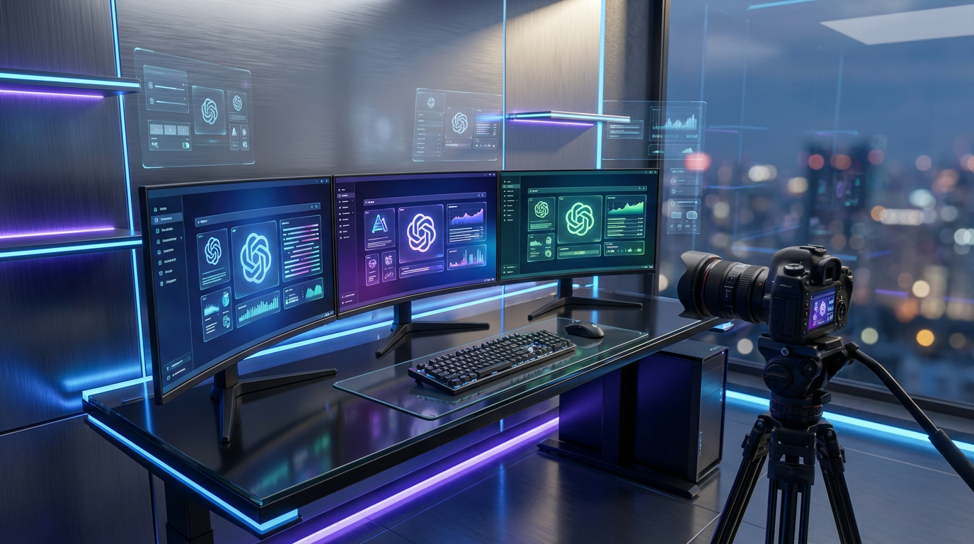 Modernes Digital-Workspace mit mehreren Bildschirmen (ChatGPT, Perplexity, Google Gemini) – Geo Software Vergleich 2026