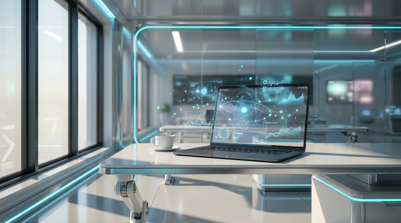 Modernes Büro mit Laptop, das AI-Analytics-Dashboard zeigt; Geo Software Vergleich 2026 im Fokus, Kaffee auf dem Schreibtisch