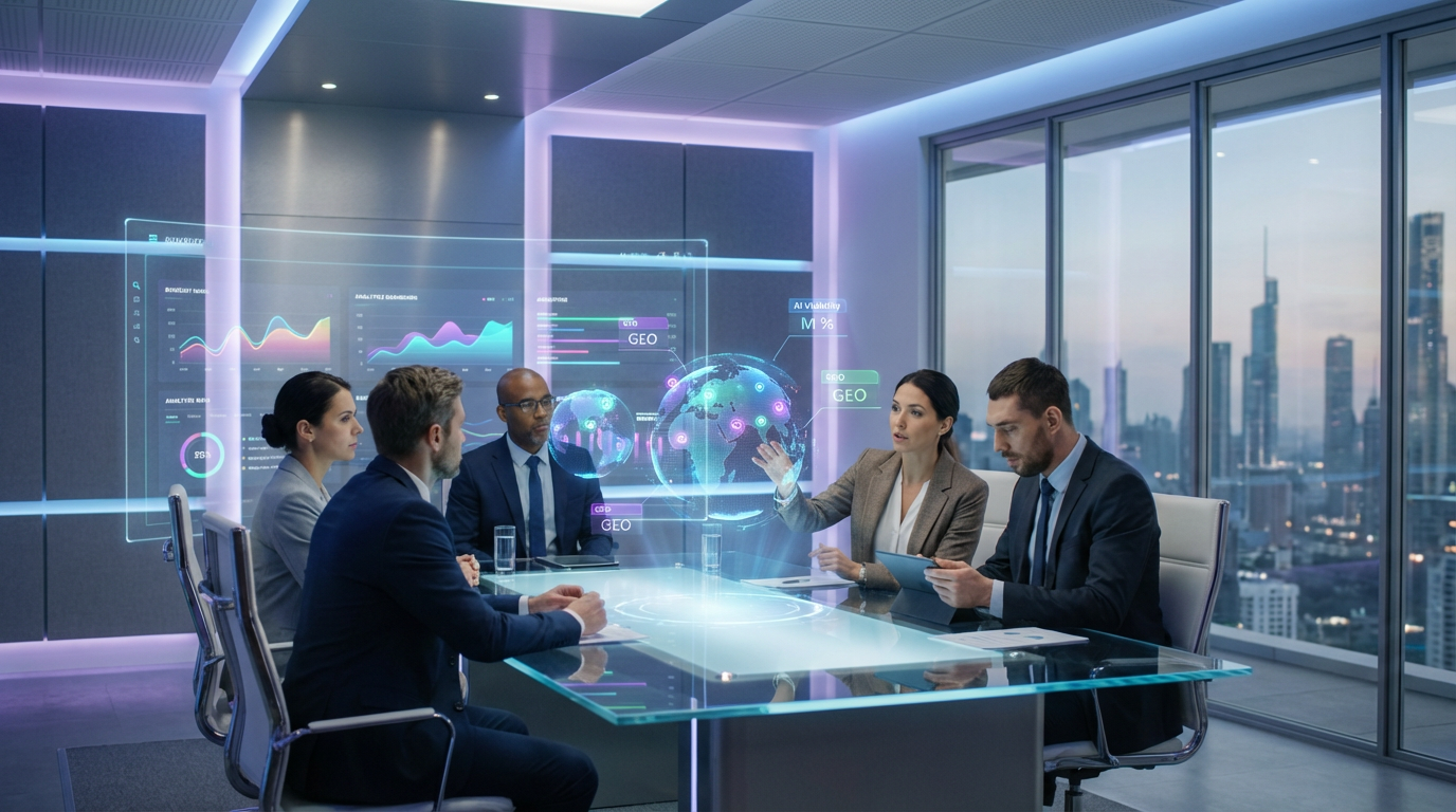 Team in modernem Konferenzraum analysiert GEO-Performance-Diagramme auf Monitor – Geo Software Vergleich 2026