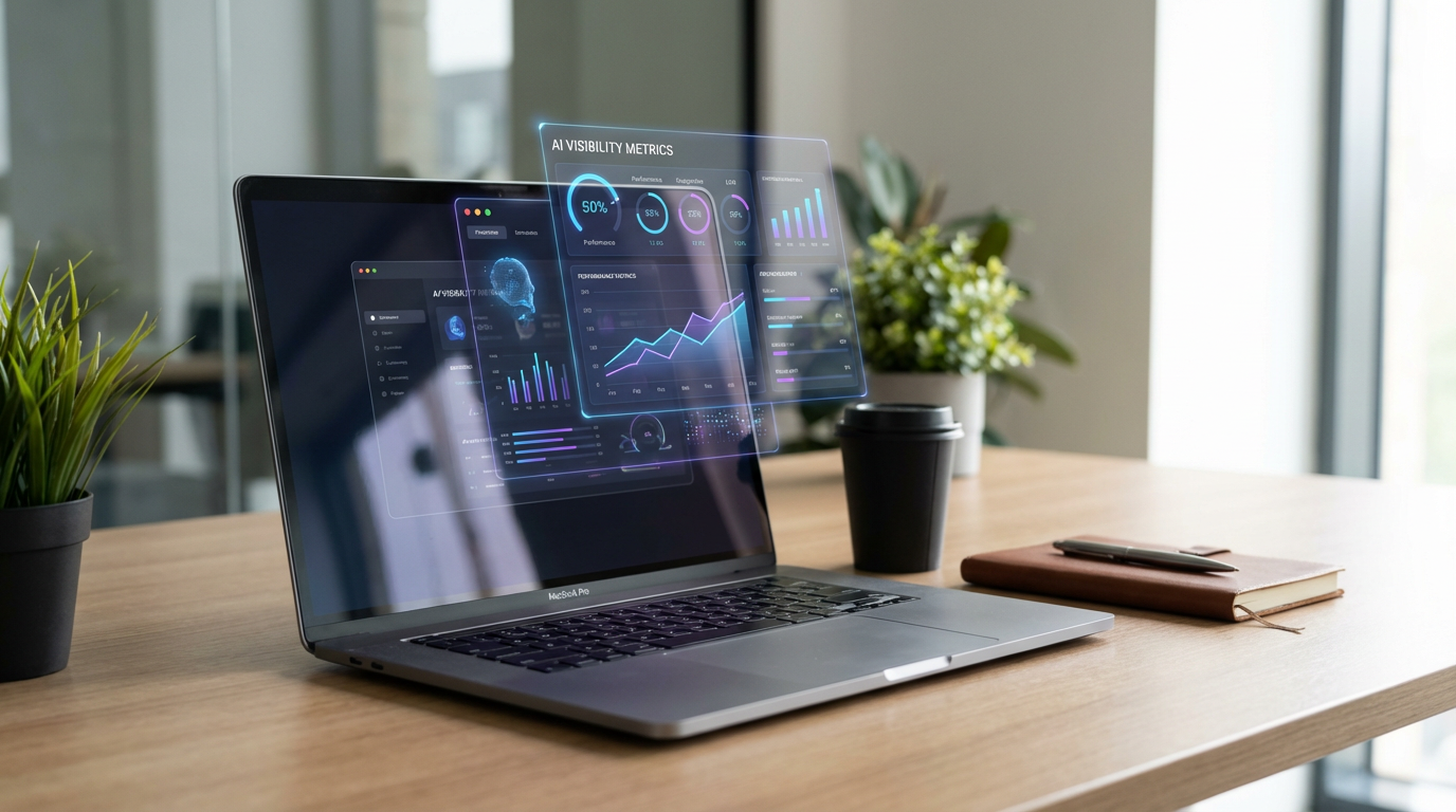 Business-Laptop mit Analytics-Dashboard und KI Empfehlungen auf dem Bildschirm, Kaffee, Notizblock, helle Fensterbeleuchtung.