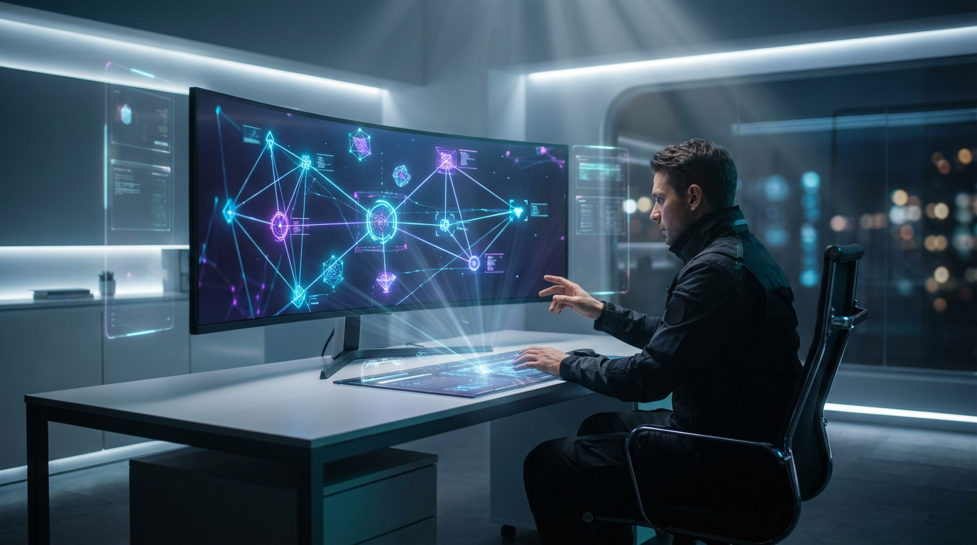 Monitor mit Knowledge-Graph-Visualisierung, vernetzte Knoten und Programmierer, KI Empfehlungen im digitalen Workspace.