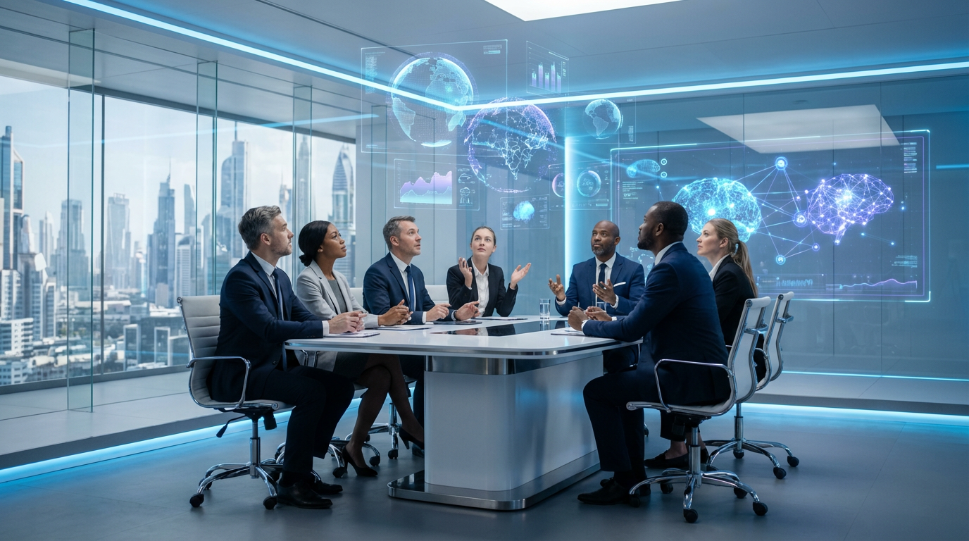 Diverse Teammitglieder diskutieren KI Empfehlungen auf großem Display in hellem, modernem Büro