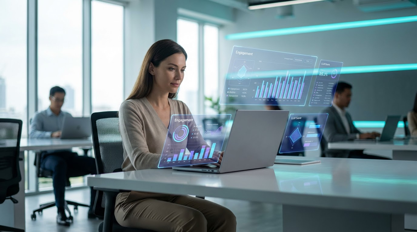 Spezialist analysiert KI-Content-Leistung auf Laptop mit Engagement-Statistiken und LLM-Sichtbarkeit - Ki Marketing