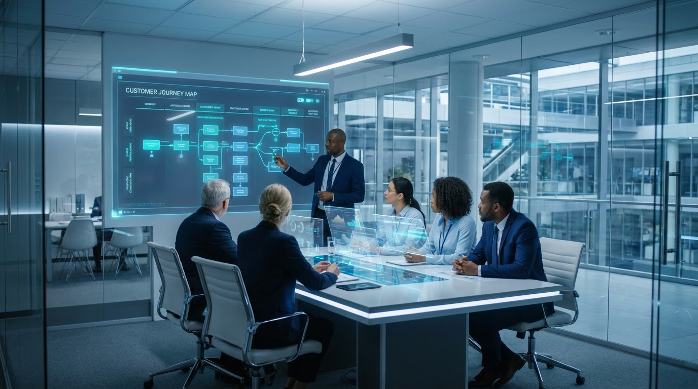 Diverse Team im modernen Konferenzraum diskutiert Ki Marketing-Strategie und KI-Integration am digitalen Whiteboard