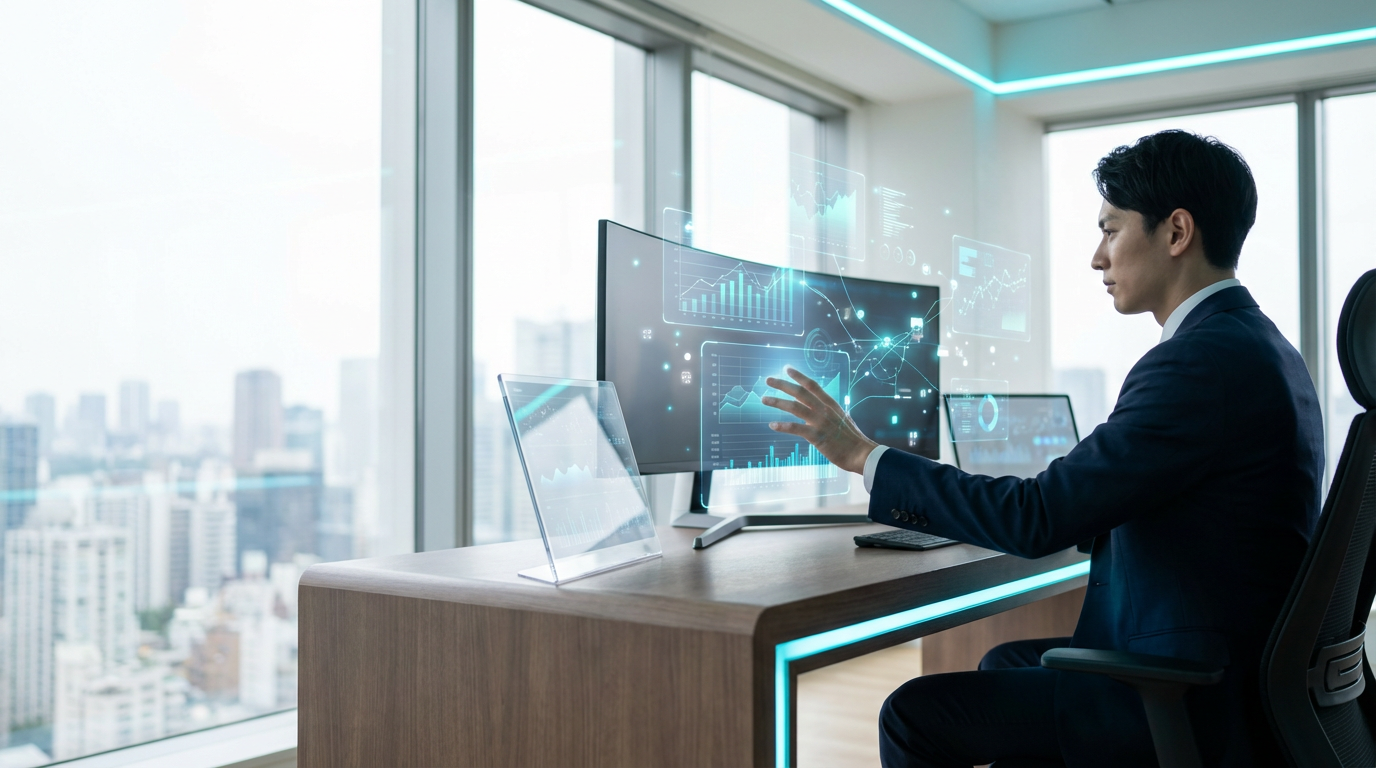 Geschäftsperson analysiert KI Sichtbarkeit Basics Dashboard mit Diagrammen und Metriken auf hochauflösendem Bildschirm