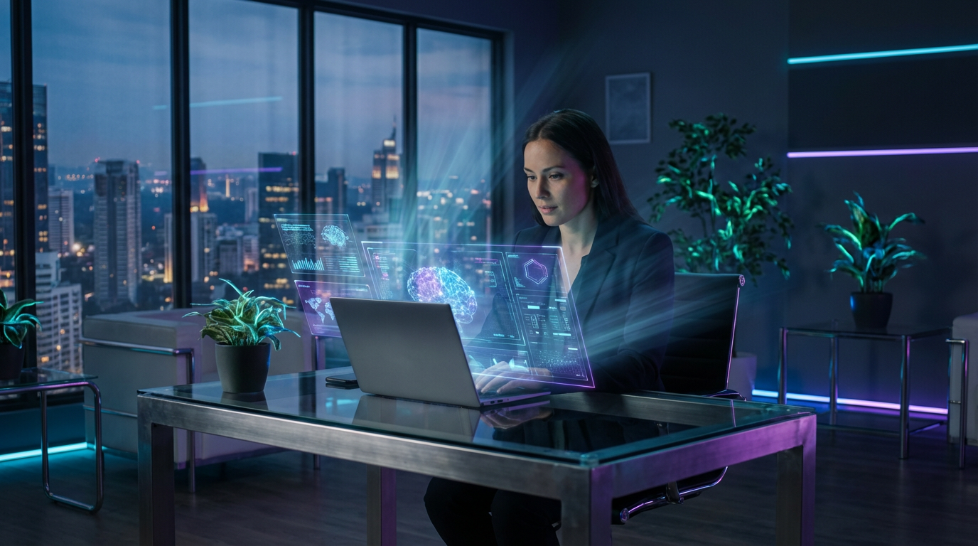 Unternehmer im modernen Büro arbeitet am Laptop mit KI-Schnittstelle – KI Sichtbarkeit Basics im Fokus