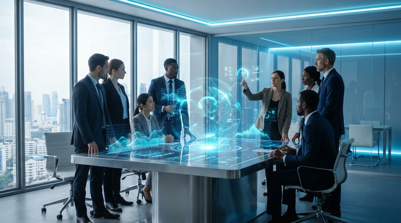 Team in modernem Meeting analysiert KI-Sichtbarkeit auf großem Bildschirm mit Datencharts und natürlichem Licht