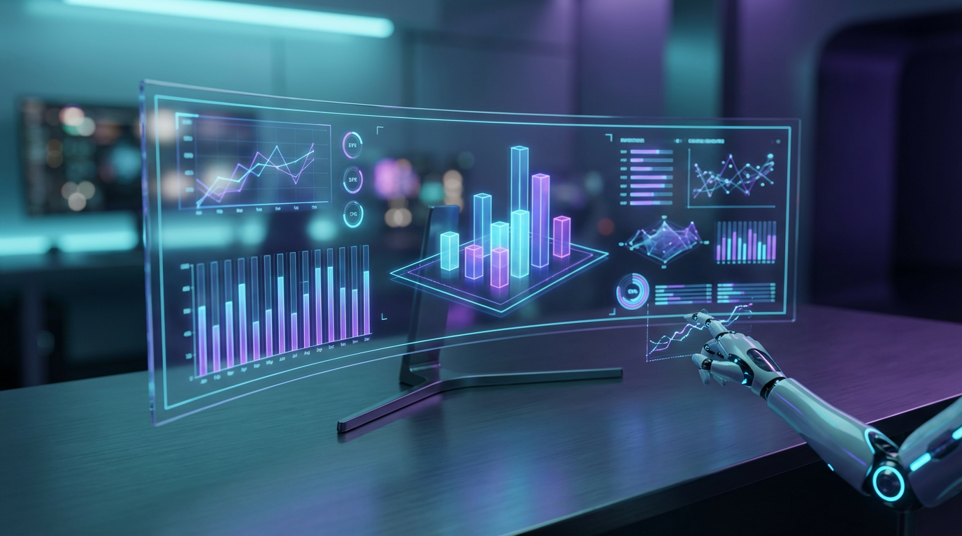 Professionelles Dashboard am Monitor zeigt KI-Sichtbarkeit mit Metriken, Diagrammen und Datenvisualisierung im modernen Büro.