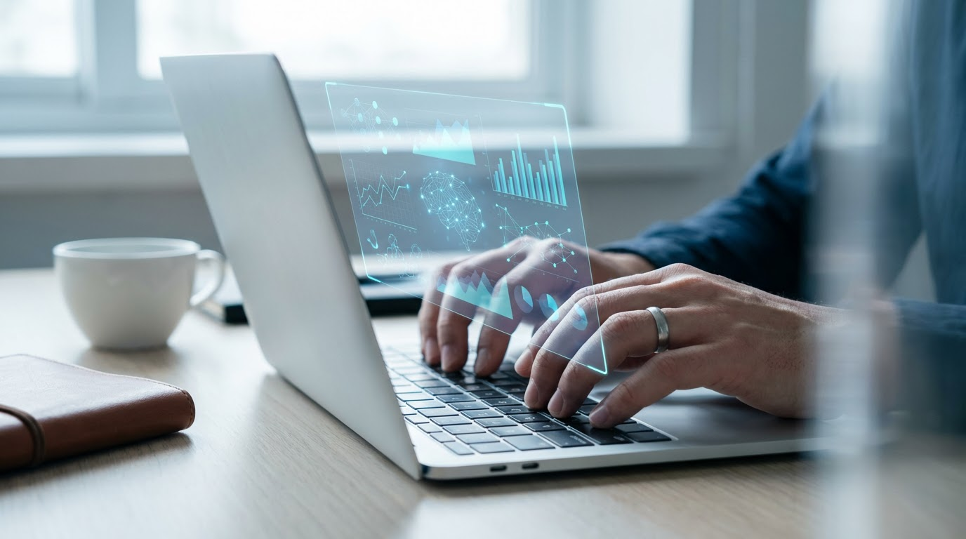 Nahaufnahme von Händen am Laptop mit KI-Sichtbarkeit Dashboard, Notizbuch und Kaffee im modernen Büro