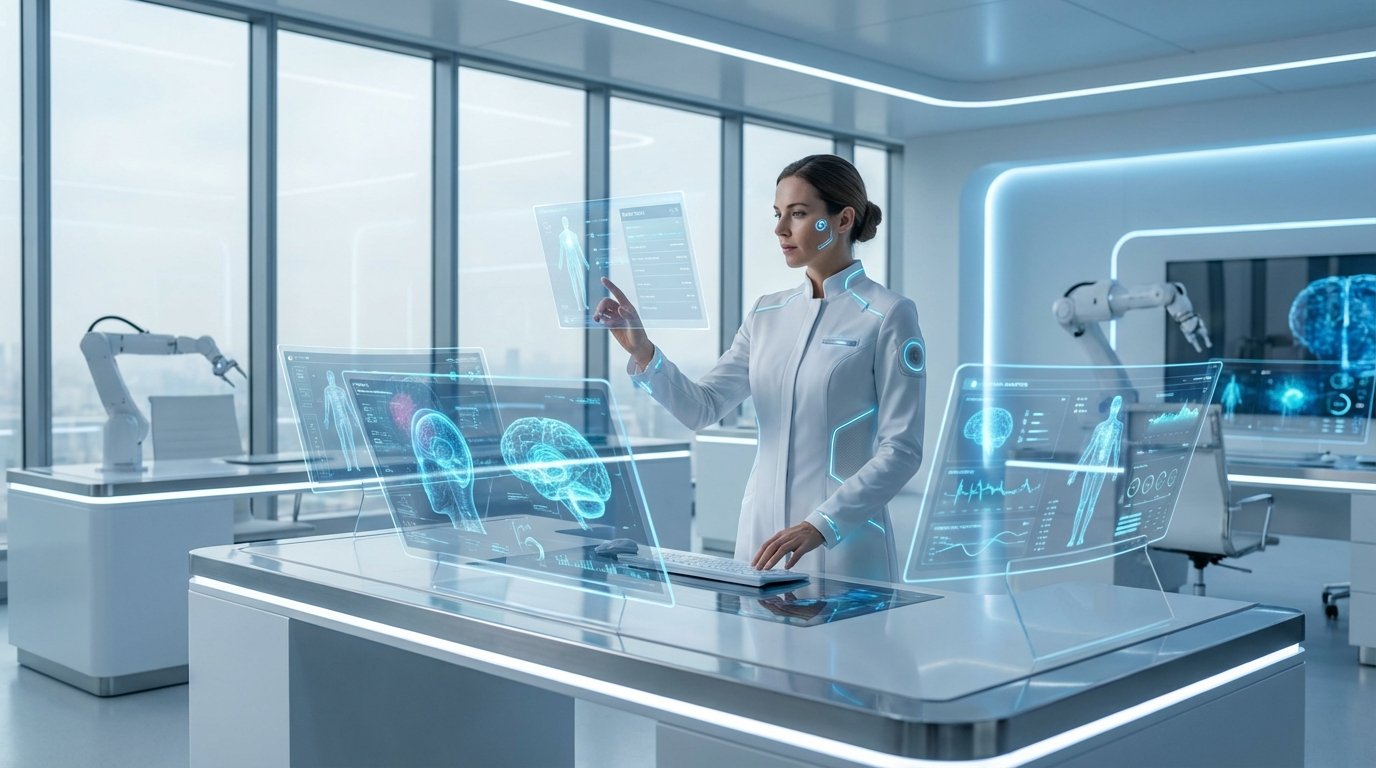 Mediziner prüft Patienten-Analytics auf mehreren Bildschirmen im modernen Praxisbüro — KI-Sichtbarkeit für Ärzte