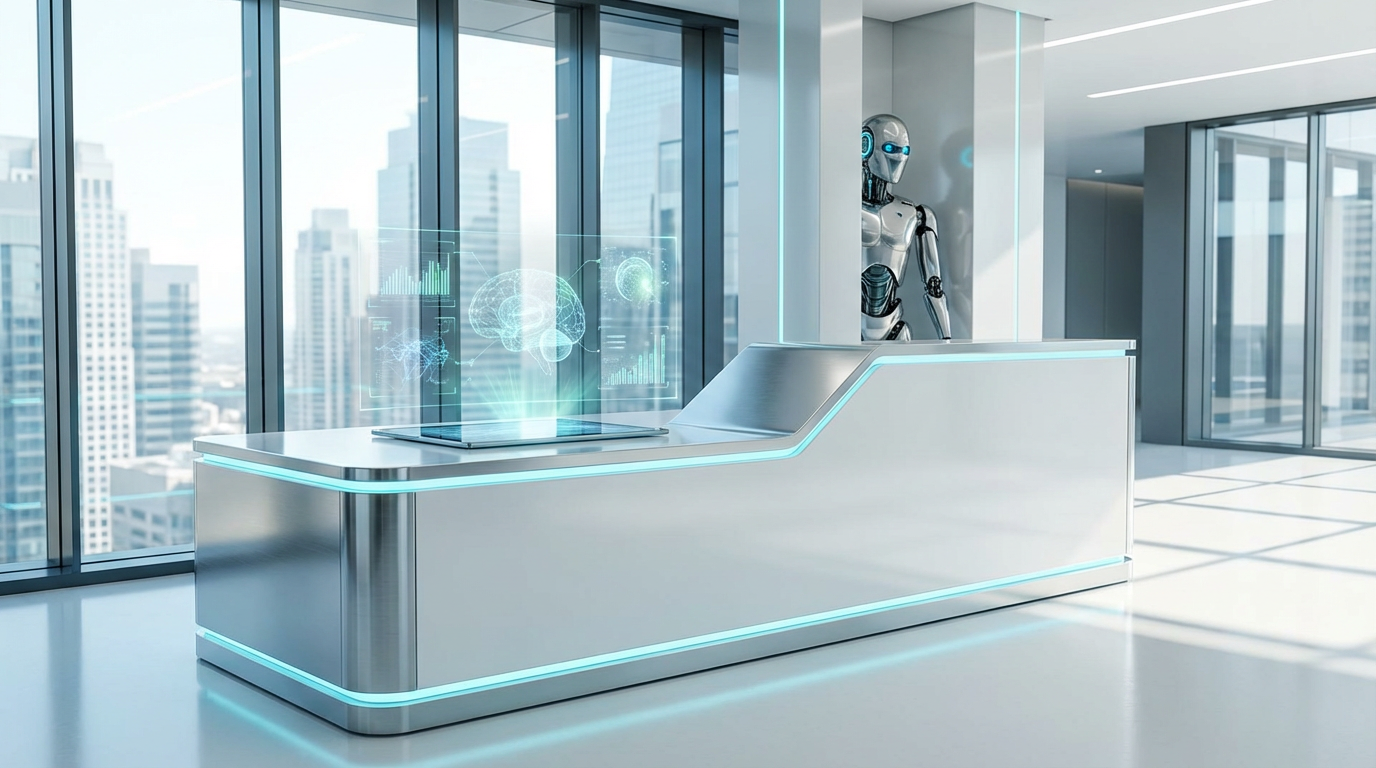 Moderne Hotelrezeption mit Tablet, das KI-Sichtbarkeit für Hotels und Restaurants zeigt - helle, einladende Atmosphäre.