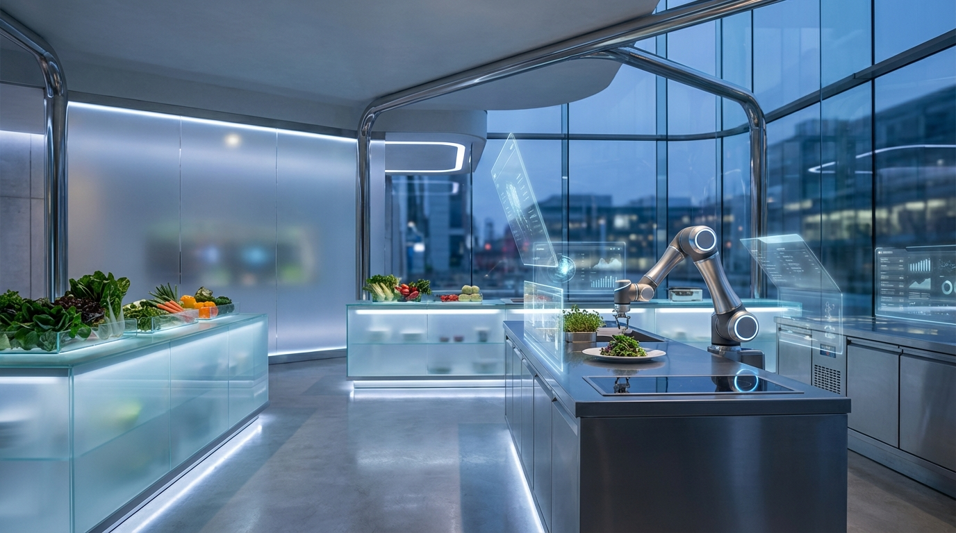 Offene Restaurantküche mit Koch, frischen Zutaten und moderner Einrichtung zur KI-Sichtbarkeit für Hotels und Restaurants.