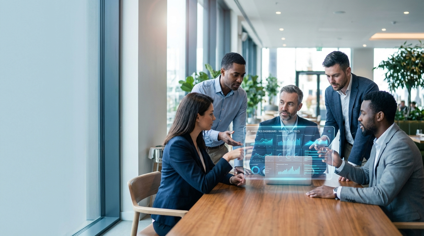 Restaurantpersonal prüft KI-Sichtbarkeit für Hotels und Restaurants auf Tablet mit Analytik-Diagrammen.