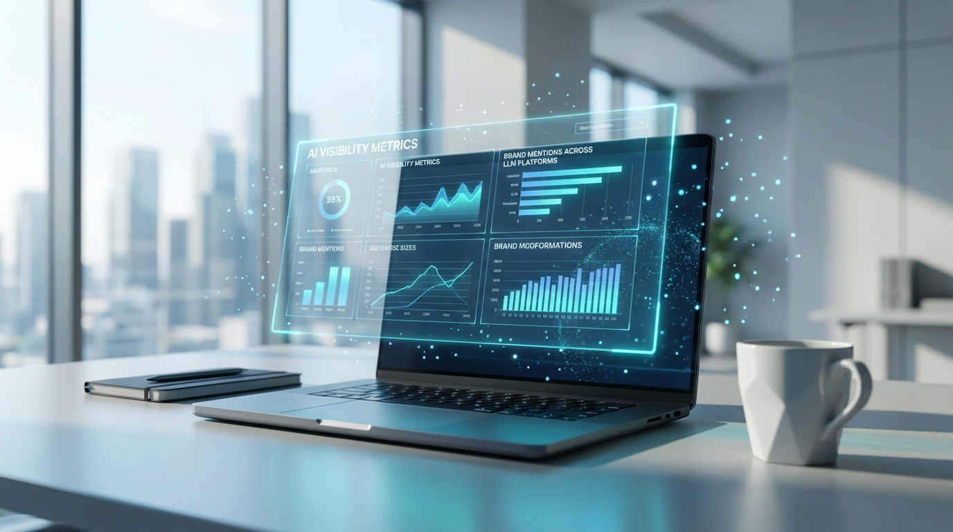 Laptop mit AI-Analytics-Dashboard zeigt Marken-Mentions über LLMs und Sichtbarkeit – Ki Suche vs Google