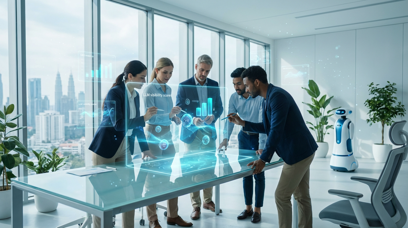 Marketingteam analysiert AI-Search-Dashboard mit GEO-Metriken und LLM-Sichtbarkeitswerten – Ki Suche vs Google im hellen Büro