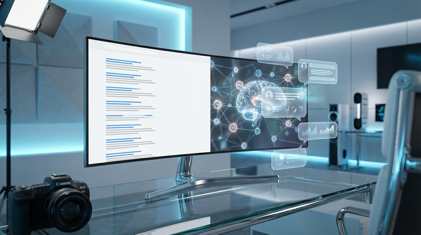 Split-Screen zeigt Ki Suche vs Google: links klassische blaue Links und Snippets, rechts KI-Antworten im Chat.