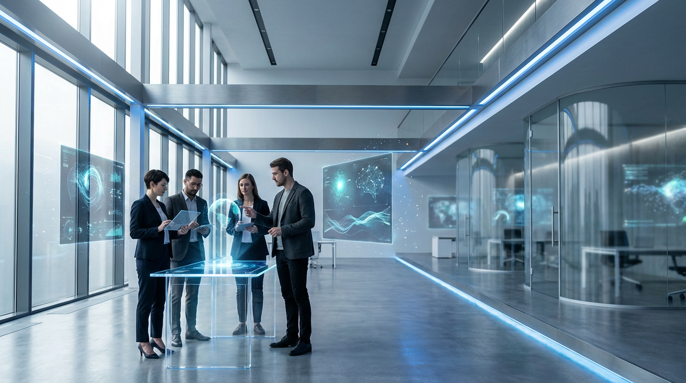 Modernes Büro mit KI Touchpoints: Fachleute analysieren Daten an Bildschirmen und Tablets, helle Fenster, Canon EOS R5