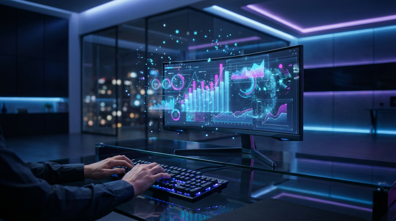 Business-Analyst am Keyboard vor großem Monitor mit KI Touchpoints Dashboard, Charts und Metriken.