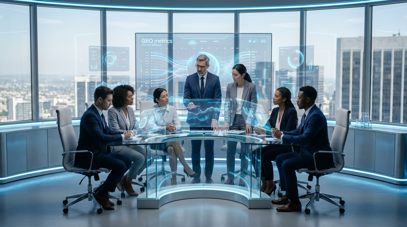 Professionelles Business-Team diskutiert KI Touchpoints und KI-Strategie vor großem Screen mit GEO-Metriken.