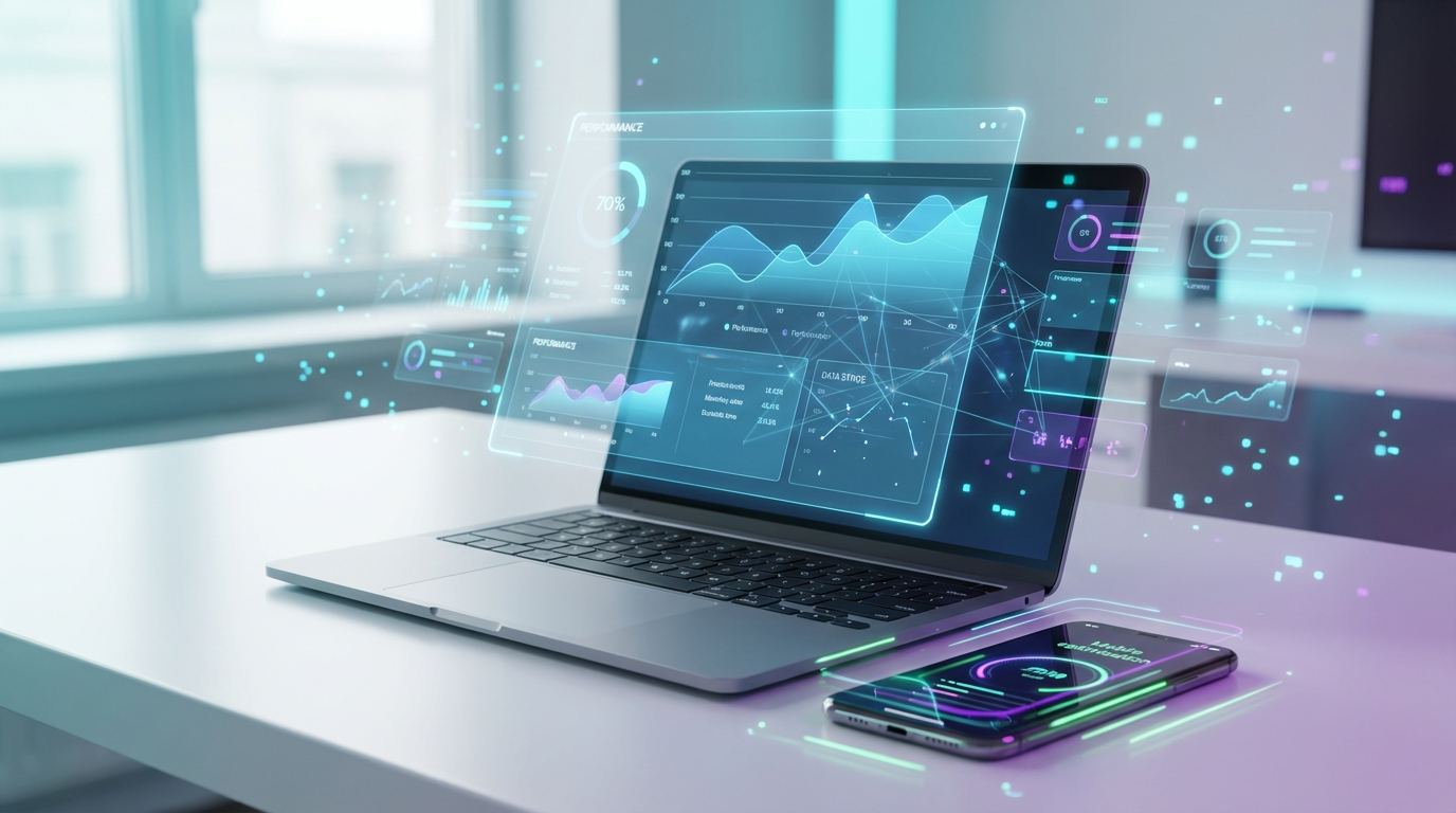 Nahaufnahme: Laptop mit LLM Analytics Dashboard, Performance-Grafiken; Smartphone zeigt mobile Optimierungsergebnisse
