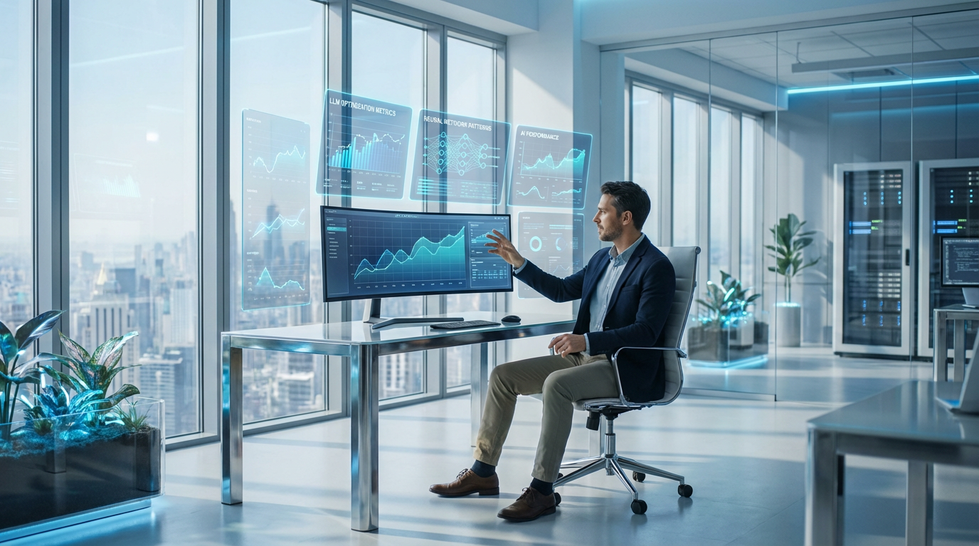 Digitaler Marketer analysiert LLM Optimierung-Metriken an mehreren Monitoren im hellen, modernen Büro